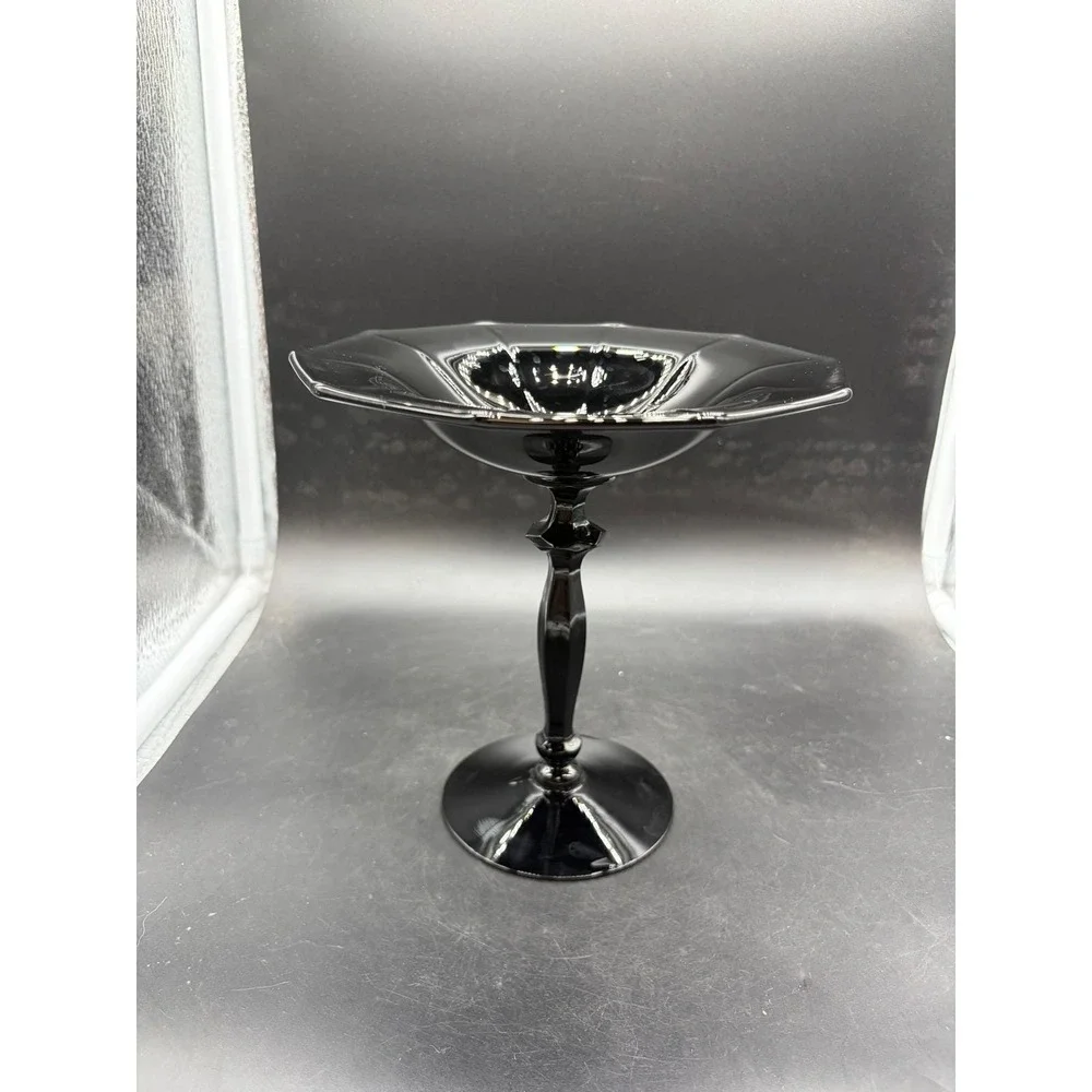 Vintage Black Amethyst Glass Compote Pedestal Dish Octagonal Rim 7.25 inch